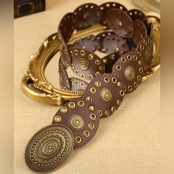 Brown Leather Belt with Gold Accents - Picture 1 of 2